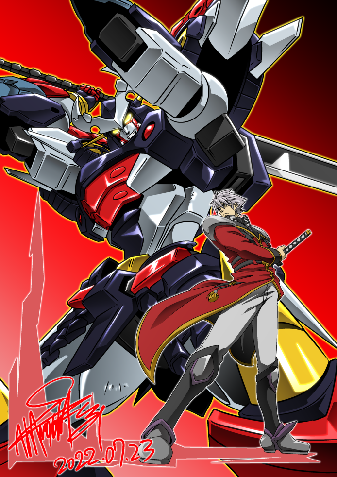 1boy black_footwear boots clenched_teeth dated dygenguar glowing glowing_eyes grey_eyes grey_hair grey_pants holding holding_sword holding_weapon jacket katana mecha pants red_background red_jacket robot sanger_zonvolt science_fiction signature super_robot super_robot_wars super_robot_wars_original_generation sword teeth v-fin v-shaped_eyebrows weapon yellow_eyes zzz_sakaz