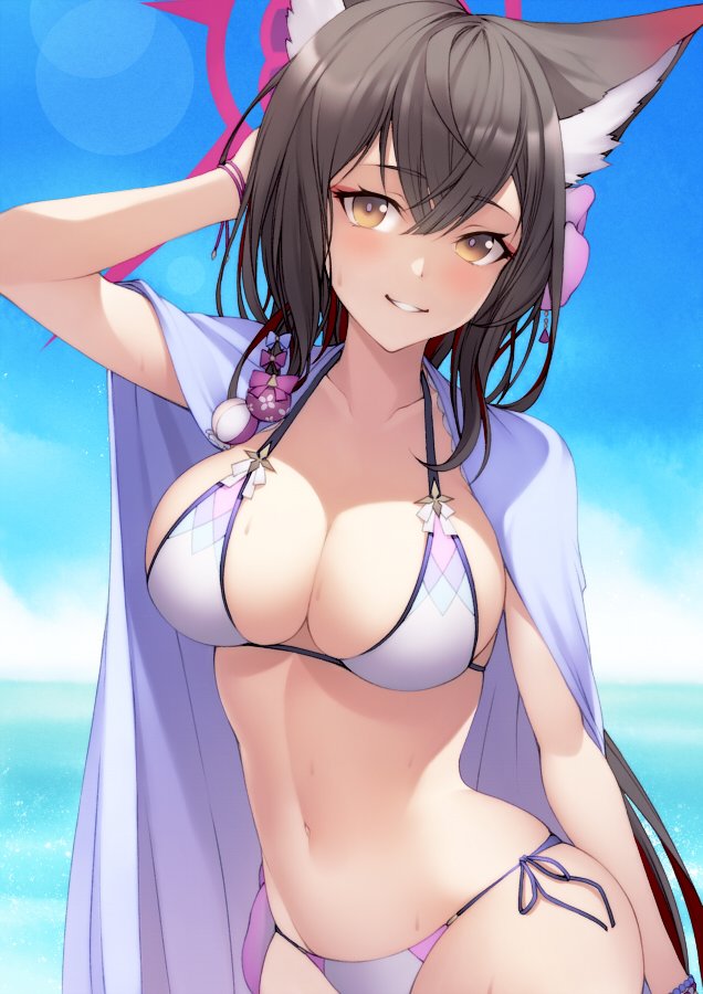 1girl animal_ears arm_up bangs banned_artist bikini black_hair blue_archive blue_sky blush breasts brown_eyes character_request cloud commentary_request day grin kyoeiki large_breasts long_hair looking_at_viewer navel outdoors side-tie_bikini sky smile solo stomach swimsuit upper_body very_long_hair white_bikini