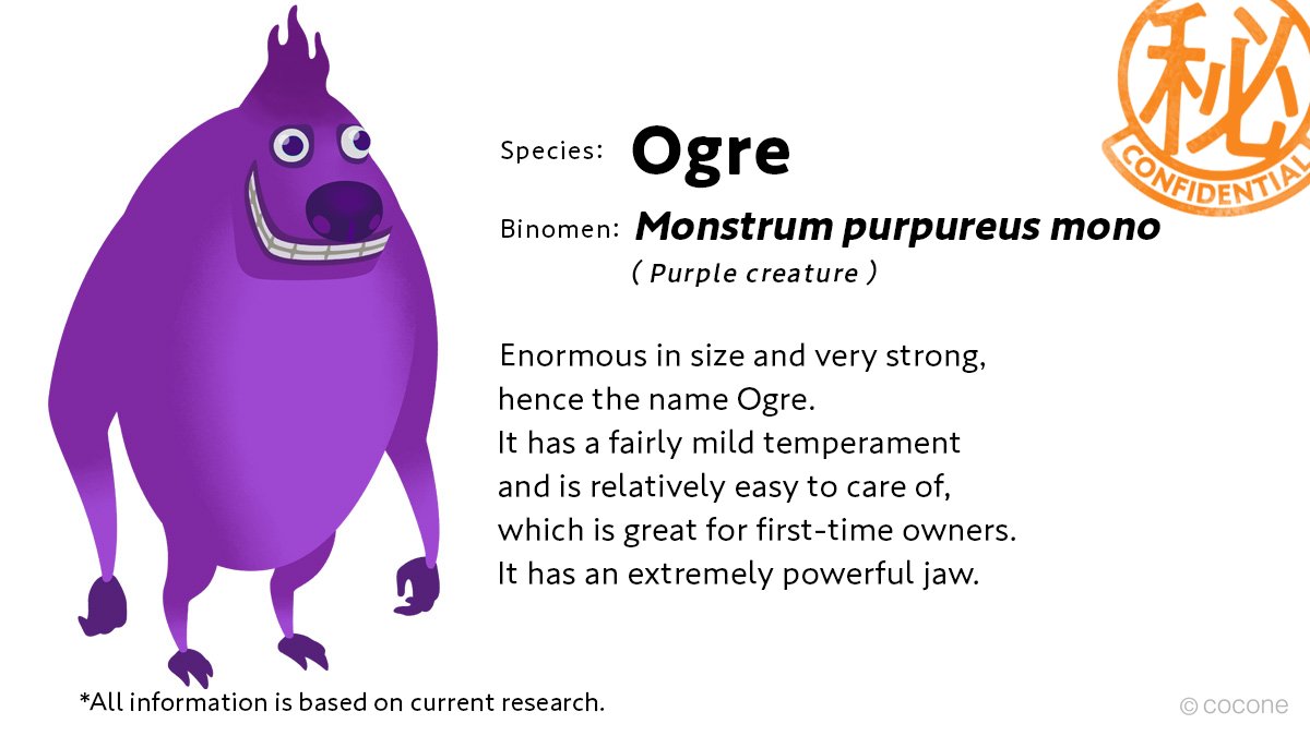 16:9 3_toes ambiguous_gender anthro big_nose biped cocone colored countershade_torso countershading english_text featureless_chest featureless_crotch feet fur head_tuft lineless livly_(species) ogre_(livly) on_model purple_body purple_eyes purple_fur simple_background smile solo species_name teeth_showing text toes tuft watermark white_background widescreen