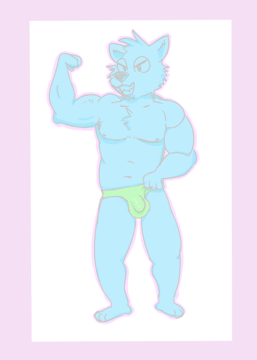 anthro belly blue_body bulge canid canine canis carrydraws clothing cocky flexing grin male mammal pulling_underwear smile solo underwear wolf