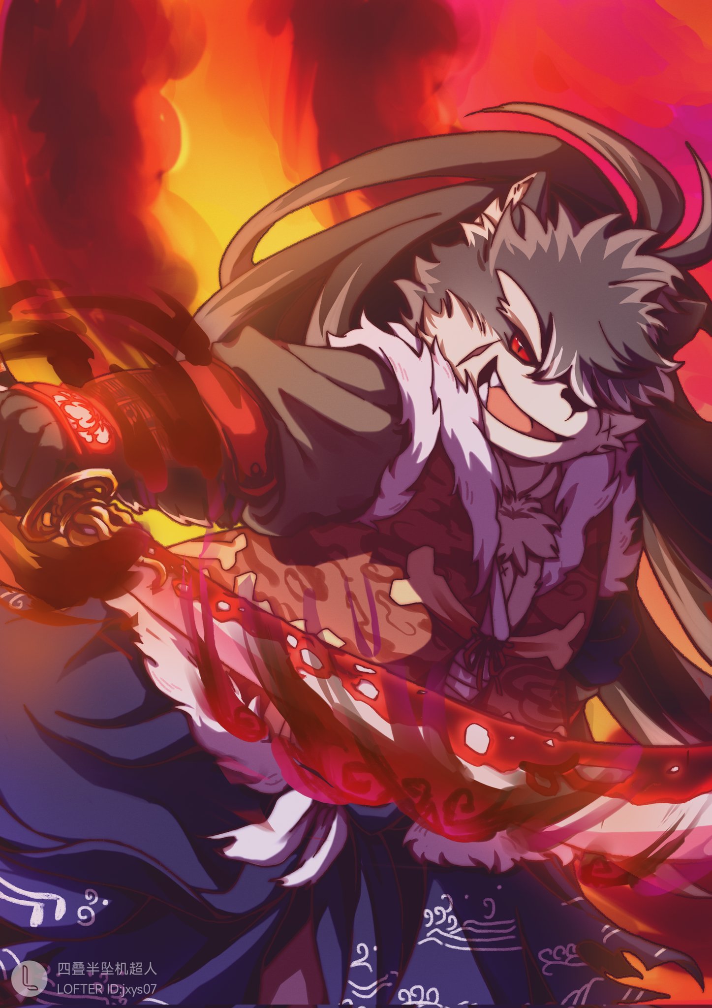 anthro canid canine canis domestic_dog eyebrows fur grey_body grey_fur hair hi_res katana lifewonders male mammal melee_weapon neilsuzian pink_eyes ponytail samurai shino_(housamo) solo sword thick_eyebrows tokyo_afterschool_summoners video_games warrior weapon