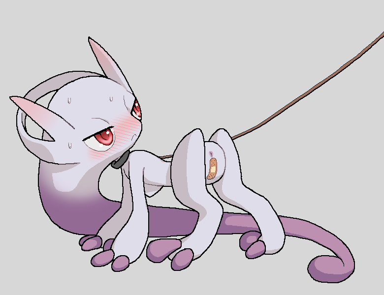 all_fours anus blush collar female grey_background legendary_pok&eacute;mon looking_back mega_evolution mega_mewtwo mega_mewtwo_y nintendo pok&eacute;mon pok&eacute;mon_(species) red_eyes simple_background solo tosx video_games