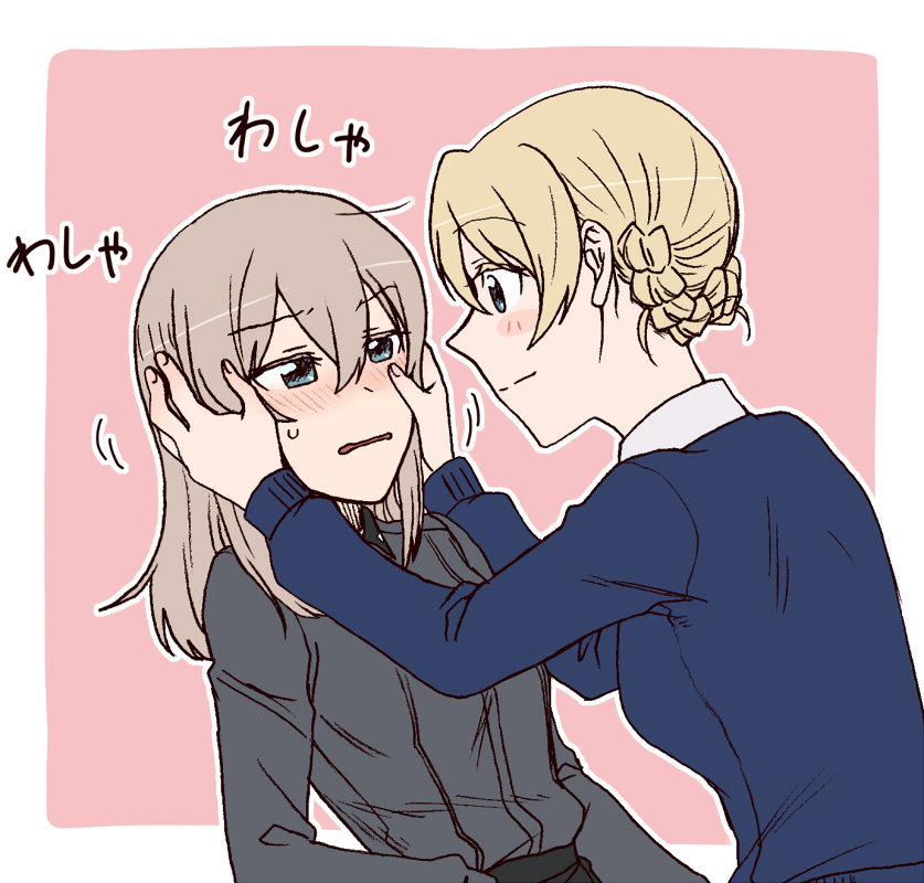 2girls bangs blonde_hair blue_eyes blue_sweater blush braid closed_mouth commentary darjeeling_(girls_und_panzer) dress_shirt frown girls_und_panzer grey_hair half-closed_eyes hands_on_another's_face itsumi_erika kuromorimine_school_uniform leaning_back leaning_forward long_sleeves looking_at_another medium_hair motion_lines multiple_girls open_mouth outline outside_border pink_background school_uniform shirt short_hair smile st._gloriana's_school_uniform sweatdrop sweater torinone white_outline white_shirt yuri
