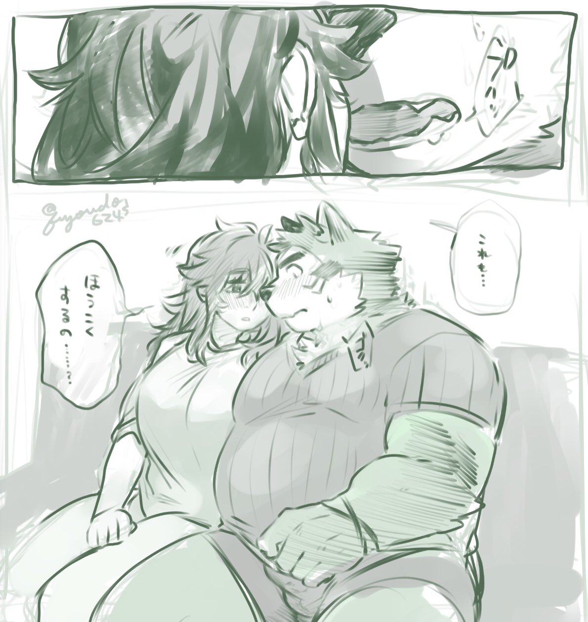 anthro blush bodily_fluids breasts breath bulge canid canine canis clothing domestic_dog drooling duo embrace female female_operator fuyoudo624 hair hi_res hug human japanese_text kissing long_hair looking_at_breasts male male/female mammal mokdai muscular_arms panting saliva slightly_chubby text underwear