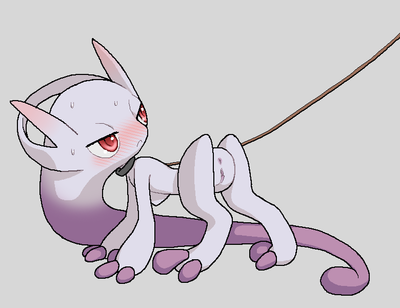 all_fours anus blush collar female genitals grey_background legendary_pok&eacute;mon looking_back mega_evolution mega_mewtwo mega_mewtwo_y nintendo pok&eacute;mon pok&eacute;mon_(species) pussy red_eyes simple_background solo tosx video_games