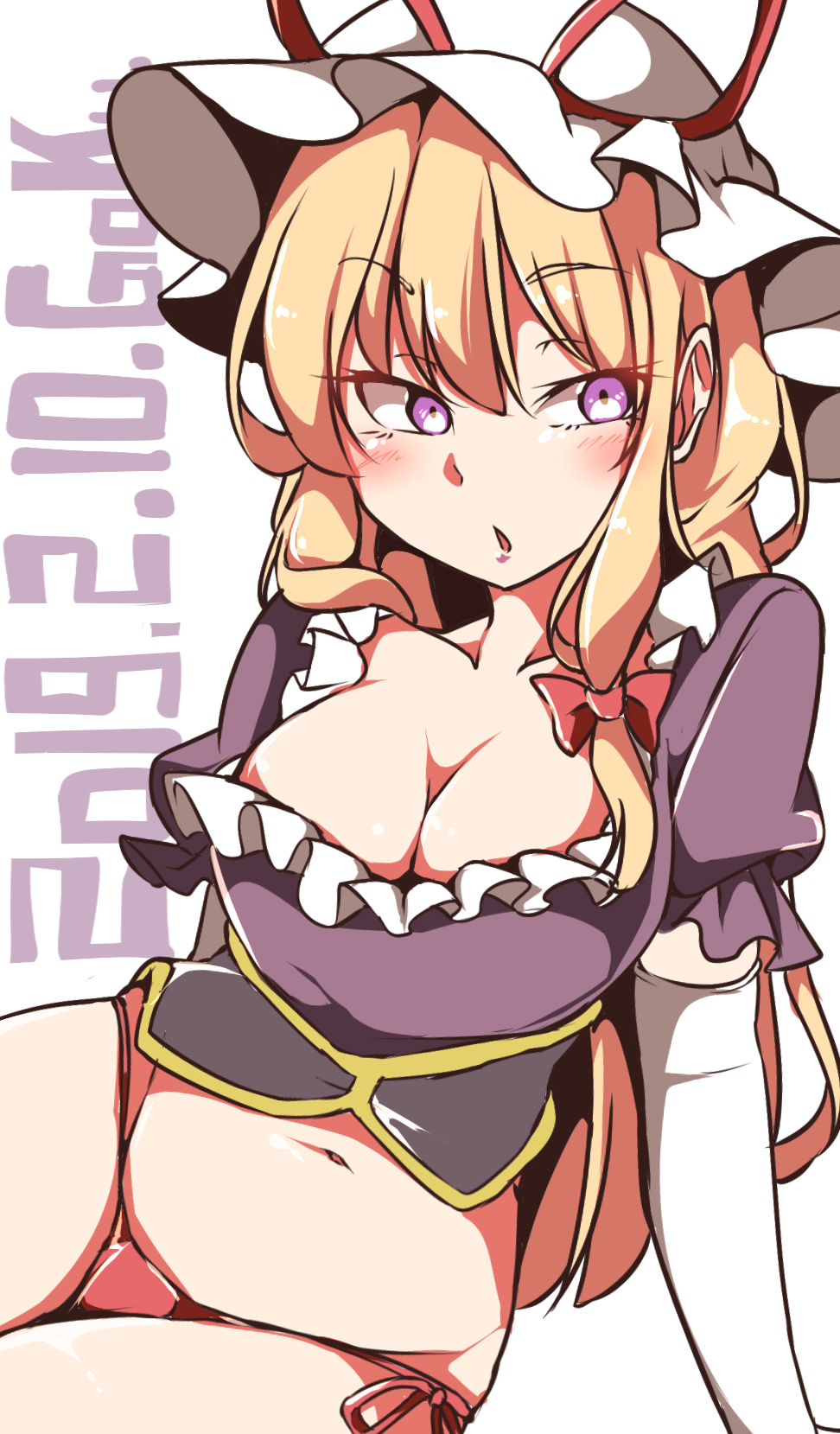 1girl artist_name bangs belly blonde_hair blush bow breasts chestnut_mouth cleavage corset dated elbow_gloves eyebrows_visible_through_hair eyelashes eyes_visible_through_hair frilled_shirt frills gloves gokuu_(acoloredpencil) hair_between_eyes hair_bow hat hat_ribbon highres hips large_breasts long_hair looking_at_viewer mob_cap navel no_pants outline puffy_short_sleeves puffy_sleeves purple_eyes reflective_eyes ribbon shiny shiny_clothes shiny_hair shiny_skin shirt short_sleeves sidelocks simple_background solo string_panties thighs thong touhou very_long_hair white_background white_gloves white_hat yakumo_yukari