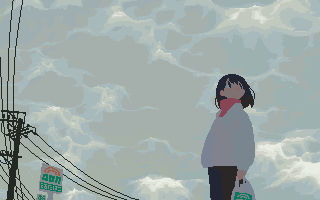 1girl animated animated_gif bag bangs black_eyes black_hair cloud cloudy_sky commentary_request jacket long_sleeves looping_animation lowres medium_hair original otnweo outdoors pixel_art power_lines shopping_bag sign sky solo turtleneck utility_pole white_jacket
