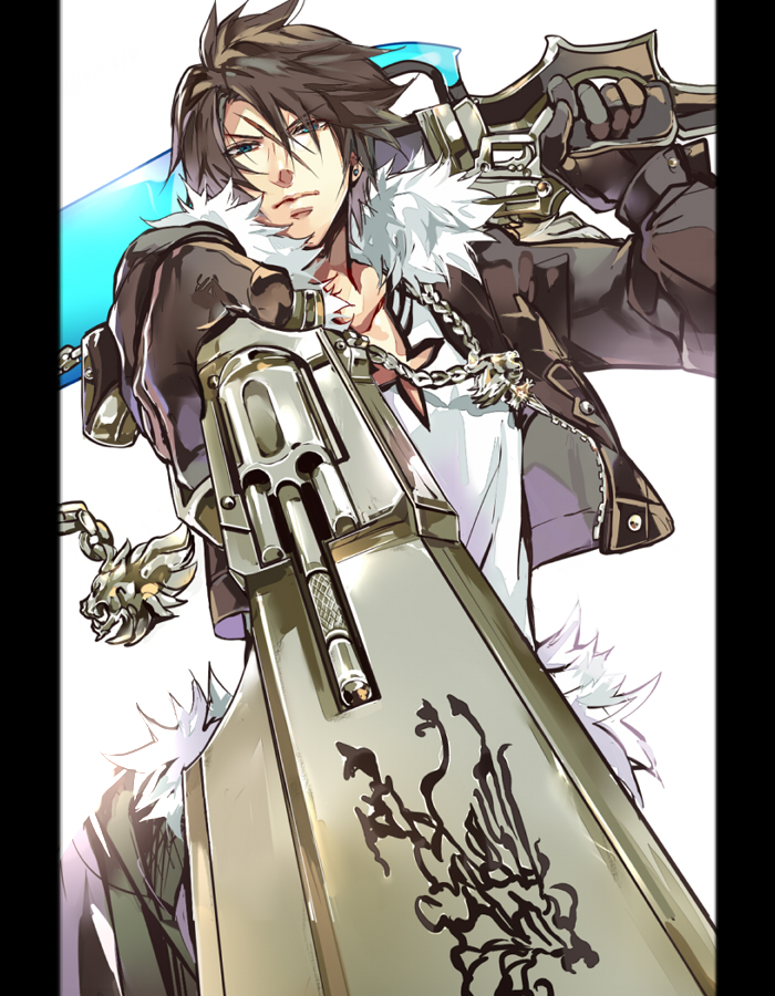 1boy bangs black_gloves black_jacket blue_eyes brown_hair chain_necklace cowboy_shot cropped_jacket dual_wielding earrings fighting_stance final_fantasy final_fantasy_viii fur_collar fur_trim gloves gun gunblade hair_between_eyes holding holding_gun holding_weapon jacket jewelry lion long_sleeves looking_at_viewer male_focus necklace over_shoulder parted_bangs perspective pillarboxed scar scar_on_face shirt short_hair single_earring solo squall_leonhart tama_(tmfy5) weapon weapon_over_shoulder white_background white_shirt