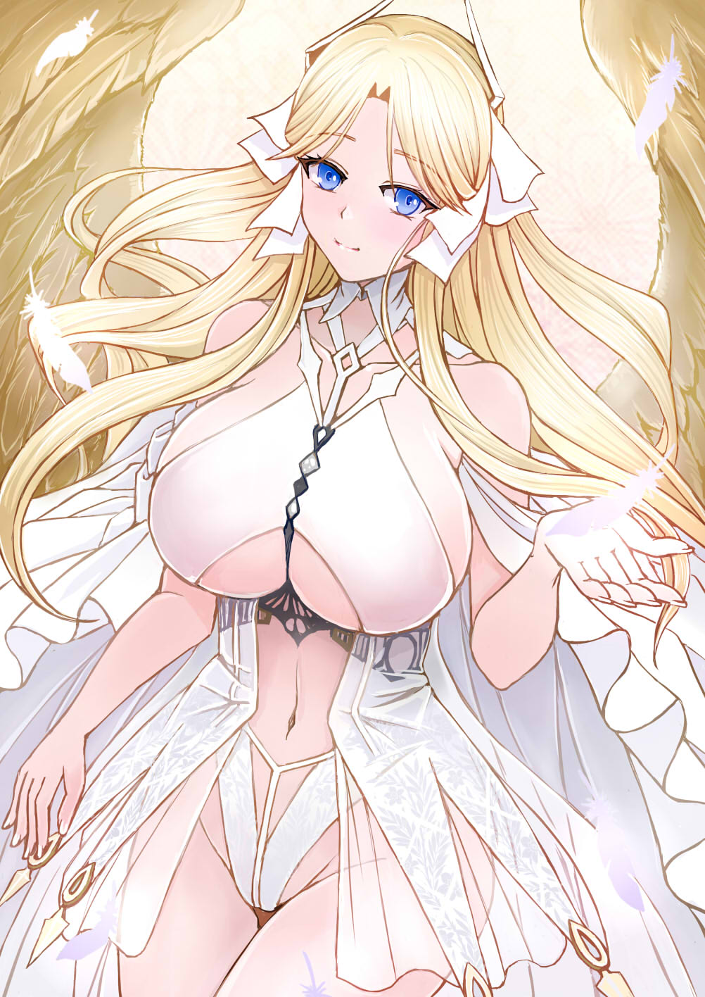 1girl azur_lane blonde_hair blue_eyes breasts brest_(azur_lane) clothing_cutout dress feathered_wings feathers highres huge_breasts long_dress long_hair revealing_clothes ribbon sai-go see-through see-through_skirt skirt solo underboob underboob_cutout white_dress white_ribbon wings yellow_wings
