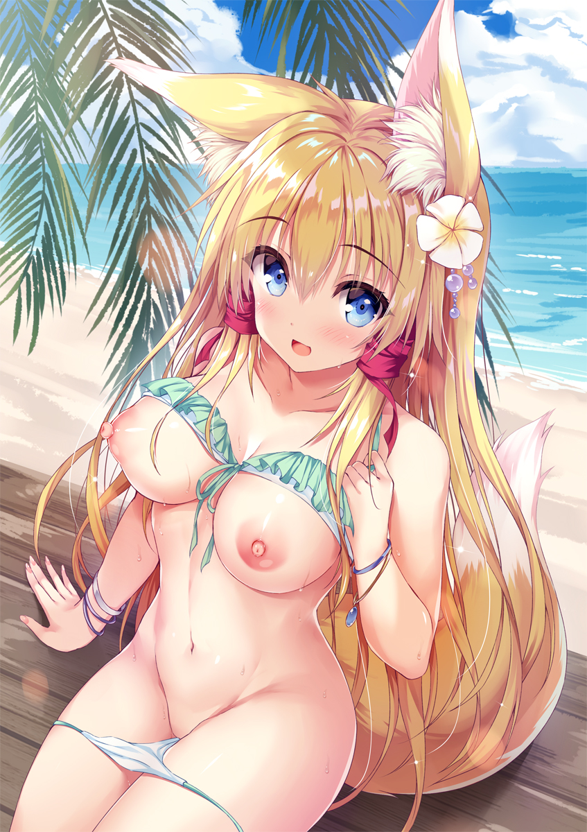 1girl :d animal_ears bare_arms bare_shoulders bikini bikini_lift blonde_hair blue_eyes breasts cleavage clothes_lift flower fox_ears fox_girl fox_tail frilled_bikini frills front-tie_bikini front-tie_top hair_flower hair_ornament highres large_breasts long_hair looking_at_viewer navel nipples open_mouth original sitting smile solo stomach string_bikini swimsuit tail tateha_(marvelous_grace) thighs very_long_hair white_bikini wristband