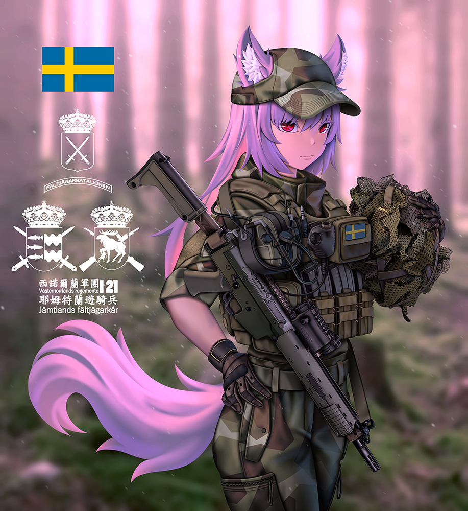 1girl animal_ear_fluff animal_ears assault_rifle bangs baseball_cap borrowed_character bulletproof_vest camouflage camouflage_headwear camouflage_pants commission cowboy_shot ears_through_headwear fang_zhenjun gloves gun hand_on_hip hat headwear_removed helmet helmet_removed holding holding_helmet long_hair looking_at_viewer military military_uniform mixed-language_commentary original pants purple_hair purple_tail red_eyes rifle soldier solo swedish_flag tactical_clothes tail translation_request uniform weapon weapon_request