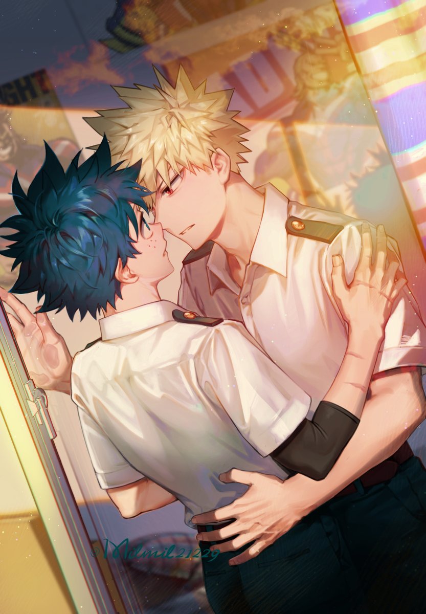 2boys against_glass all_might bakugou_katsuki blonde_hair boku_no_hero_academia commentary_request couple eye_contact face-to-face forehead-to-forehead freckles green_eyes green_hair hands_on_another's_hips hands_on_another's_shoulders heads_together highres holding imminent_kiss indoors looking_at_another male_focus messy_hair midoriya_izuku milmil_(wa_ten'nendesu) multiple_boys poster_(object) red_eyes scar school_uniform short_hair spiked_hair superhero yaoi