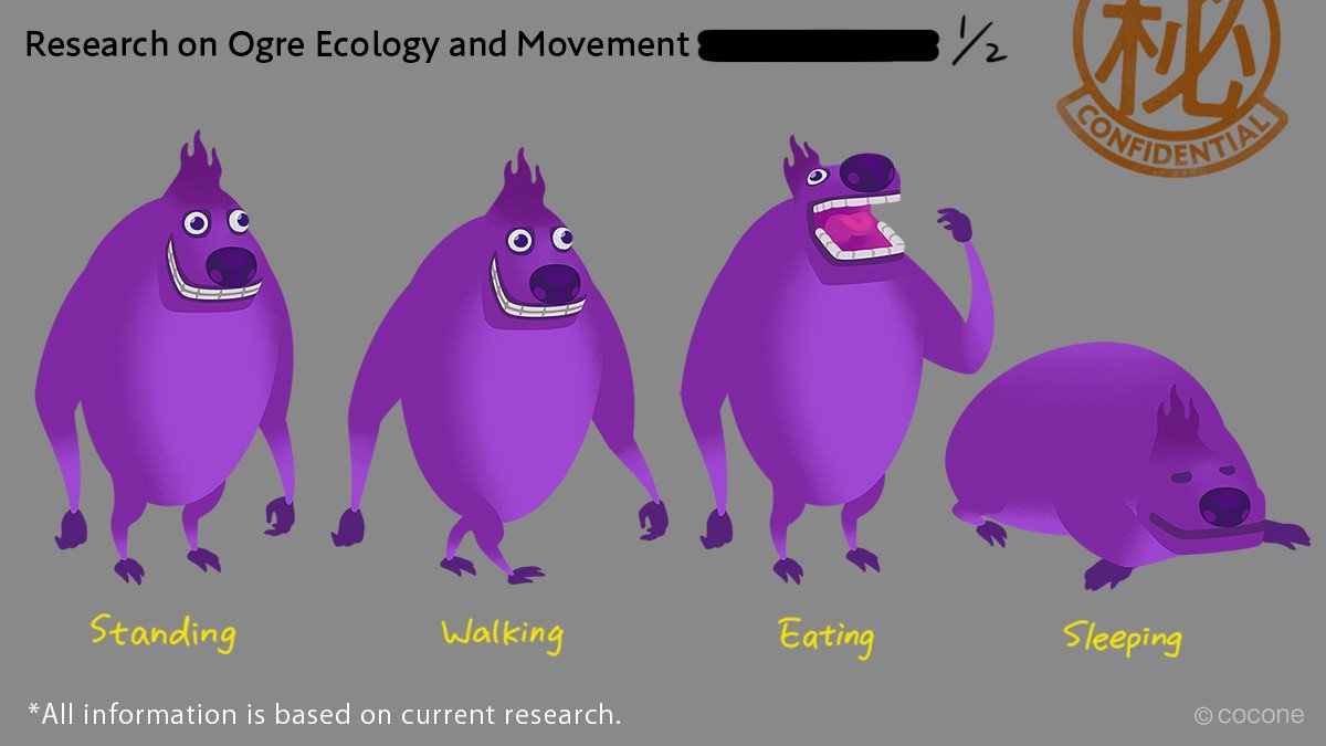 ambiguous_gender anthro big_nose biped cocone colored countershade_torso countershading english_text fur grey_background lineless livly_(species) multiple_poses ogre_(livly) on_model open_mouth pink_tongue pose purple_body purple_eyes purple_fur simple_background sleeping smile solo teeth_showing text tongue