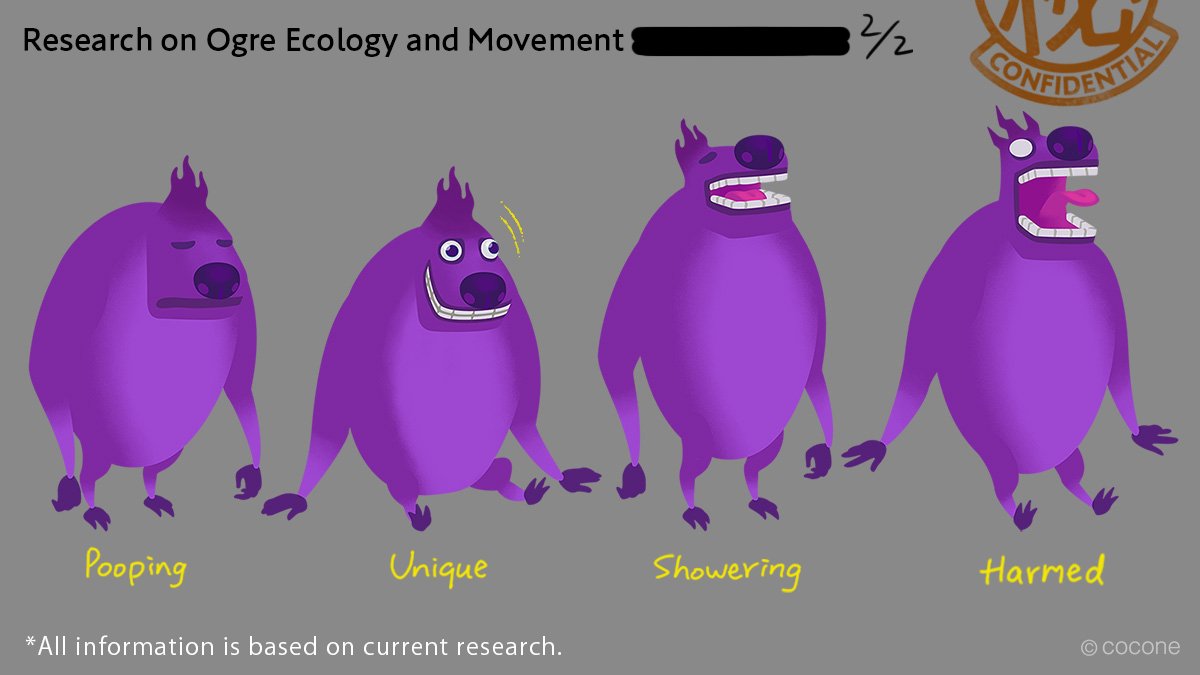 ambiguous_gender anthro cocone colored countershading english_text fur grey_background livly_(species) multiple_poses ogre_(livly) open_mouth pink_tongue pose purple_body purple_fur simple_background sitting smile solo teeth_showing text tongue