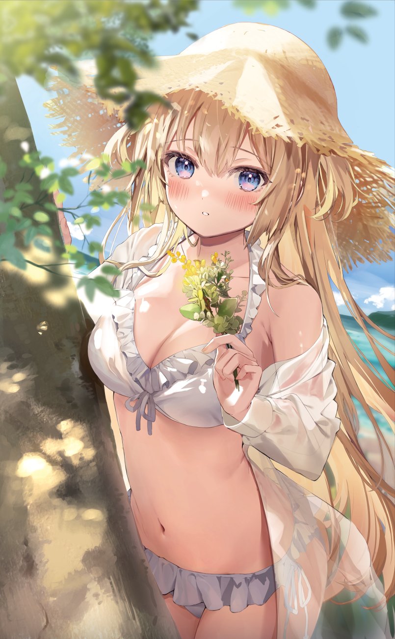 1girl bangs beach bikini blonde_hair blue_eyes blue_sky blush breasts cleavage cloud cloudy_sky day frilled_bikini frills front-tie_bikini front-tie_top hat highres holding holding_plant horizon kanda_done long_hair long_sleeves looking_at_viewer medium_breasts navel ocean off_shoulder original outdoors palm_tree parted_lips plant shirt sky solo standing straw_hat sun_hat swimsuit tree water white_bikini white_shirt