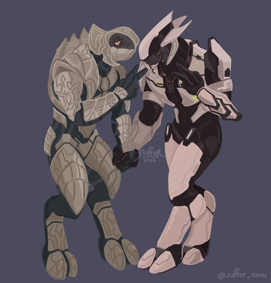 anthro armor duo gesture halo_(series) hand_holding male male/male microsoft rtas_'vadum thel_'vadam v_sign varanidius video_games xbox_game_studios