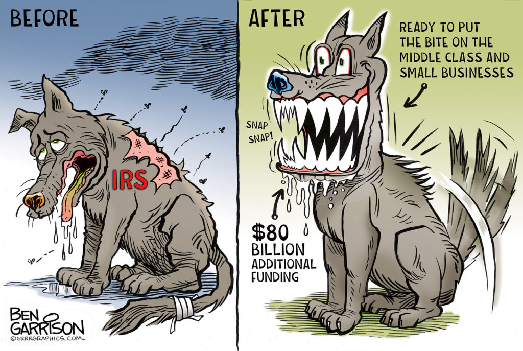 2022 ambiguous_gender arthropod ben_garrison big_teeth bodily_fluids canid canine canis dipteran domestic_dog drooling english_text feral fur grey_body grey_fur insect internal_revenue_service mammal open_mouth political_cartoon politics saliva sharp_teeth sitting tail_motion tailwag teeth text threatening tired tongue tongue_out united_states_of_america