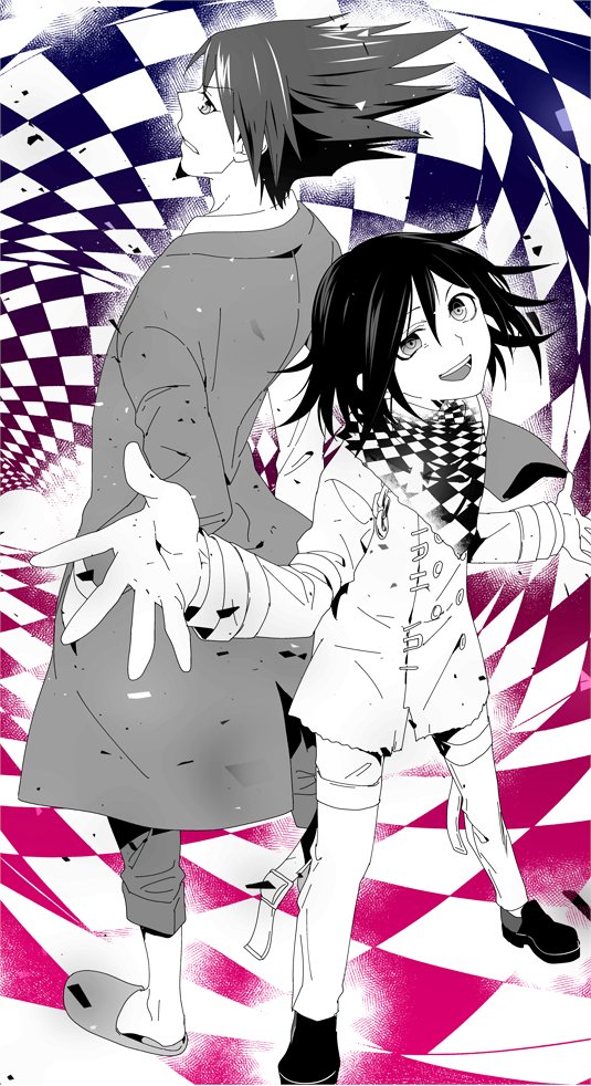 2boys back-to-back black_hair checkered_background checkered_clothes checkered_scarf clenched_teeth danganronpa_(series) danganronpa_v3:_killing_harmony facial_hair flats full_body hair_between_eyes jacket limited_palette long_jacket looking_at_viewer looking_back male_focus medium_hair momota_kaito muiko_i multiple_boys open_mouth ouma_kokichi outstretched_arms pants pants_rolled_up scarf slippers smile soul_patch spiked_hair standing straitjacket teeth thigh_strap torn_jacket upper_teeth