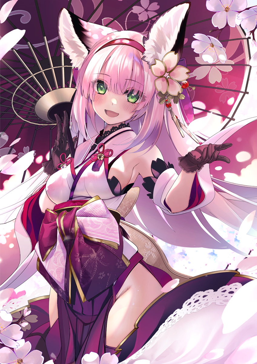 1girl animal_ears armpits azur_lane breasts cherry_blossoms fox_ears fox_girl fox_tail gloves green_eyes hair_ornament hairband hanazuki_(azur_lane) highres hip_vent holding holding_umbrella japanese_clothes kimono oil-paper_umbrella petals pink_hair print_umbrella red_hairband shirokitsune sideboob sleeveless sleeveless_kimono tail umbrella white_kimono