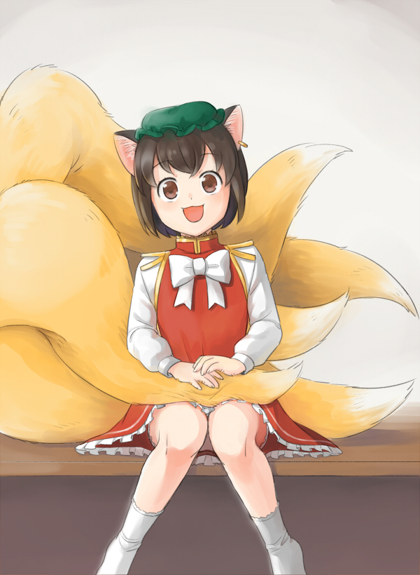 2girls animal_ear_fluff animal_ears bangs blush bow bowtie brown_eyes brown_hair cat_ears chen commentary_request earrings flat_chest fox_tail full_body green_headwear grimay hat jewelry kitsune kyuubi long_sleeves looking_at_viewer mob_cap multiple_girls multiple_tails open_mouth out_of_frame red_skirt red_vest shirt short_hair single_earring skirt skirt_set smile socks solo_focus tail touhou vest white_bow white_bowtie white_shirt white_socks yakumo_ran