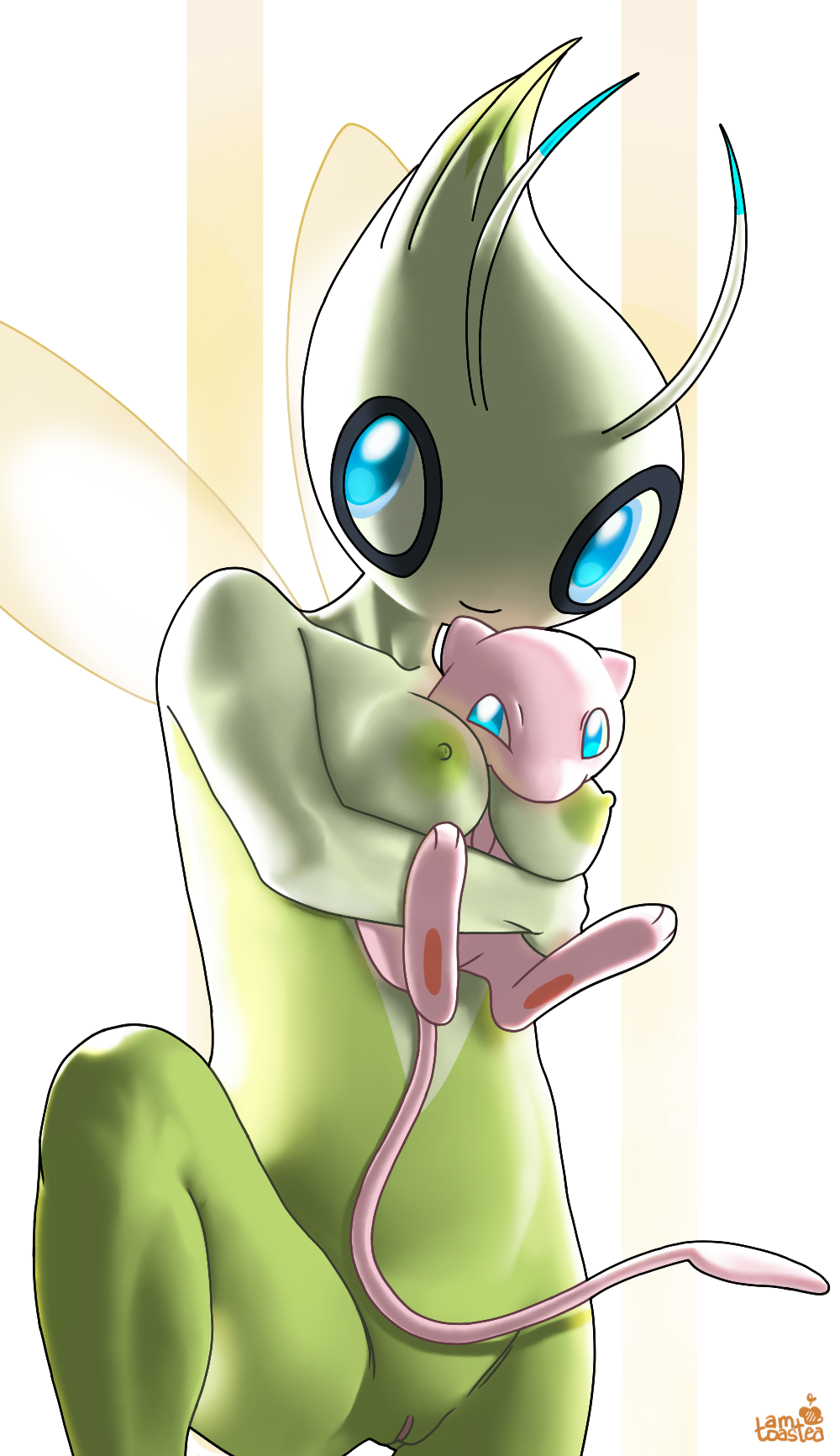 amtoastea antennae_(anatomy) anthro big_breasts big_eyes blue_eyes breasts celebi clitoral_hood clitoris cuddling embrace female genitals green_body green_skin hi_res hug humanoid legendary_pok&eacute;mon legs_up light mew nintendo nipples nude pinup pok&eacute;mon pok&eacute;mon_(species) pose pussy skinny slim small_waist smile smiling_at_viewer smooth_skin solo spread_legs spread_wings spreading sunlight video_games wings