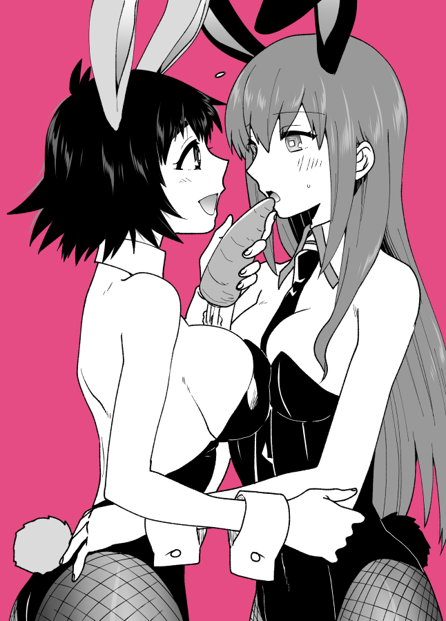 2girls animal_ears bare_shoulders black_hair black_leotard blush breast_press breasts carrot cleavage cowboy_shot detached_collar feeding fishnet_pantyhose fishnets hair_between_eyes hand_on_another's_hip holding holding_carrot large_breasts leotard long_hair looking_at_another makise_kurisu monochrome muiko_i multiple_girls necktie open_mouth pantyhose pink_background playboy_bunny rabbit_ears rabbit_tail shiina_mayuri short_hair spot_color steins;gate strapless strapless_leotard sweatdrop tail wrist_cuffs yuri