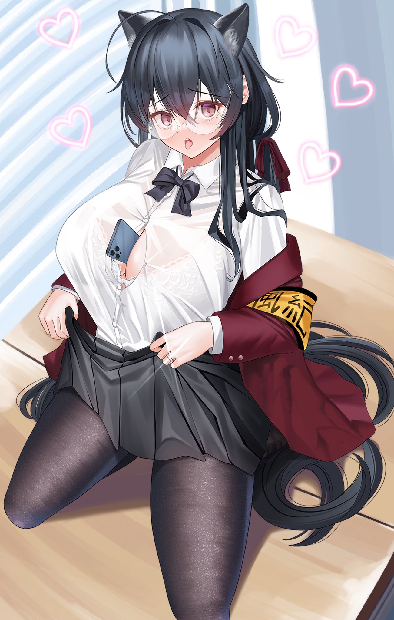 ahoge animal_ears armband azur_lane bangs between_breasts black_bow black_bowtie black_hair black_pantyhose black_skirt bow bowtie bra bra_visible_through_clothes breasts button_gap cat_ears cellphone cleavage clothes_lift crossed_bangs desk fake_animal_ears glasses heart highres jacket jewelry kneeling lace-trimmed_bra lace_trim large_breasts lifted_by_self long_hair megumi_kei official_alternate_costume on_desk pantyhose phone pleated_skirt red_eyes red_jacket ring round_eyewear see-through see-through_shirt skirt skirt_lift smartphone taihou_(azur_lane) taihou_(sweet_time_after_school)_(azur_lane) underwear