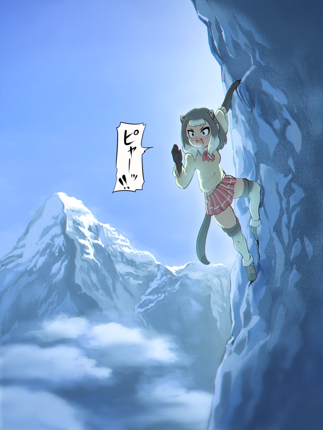1girl alpine_marmot_(kemono_friends) black_gloves bow bowtie commentary_request elbow_gloves extra_ears gloves grey_hair grey_thighhighs highres kemono_friends long_sleeves marmot_ears marmot_girl marmot_tail mcgunngu mountain mountain_climbing open_mouth plaid plaid_skirt pleated_skirt red_bow red_bowtie red_skirt short_hair skirt solo thighhighs translation_request zettai_ryouiki