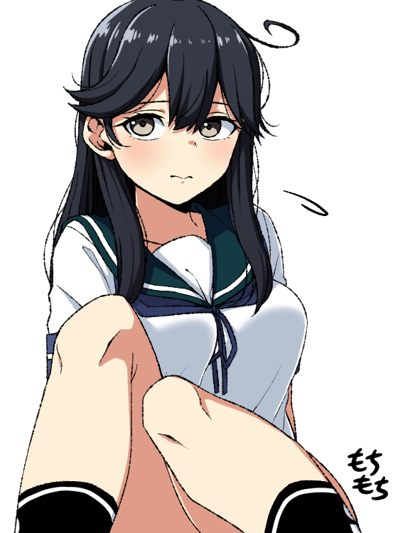 1girl ahoge artist_name black_hair black_socks blue_sailor_collar brown_eyes kantai_collection knees long_hair moti_coi one-hour_drawing_challenge sailor_collar sailor_shirt school_uniform serafuku shirt simple_background sitting socks solo upper_body ushio_(kancolle) white_background