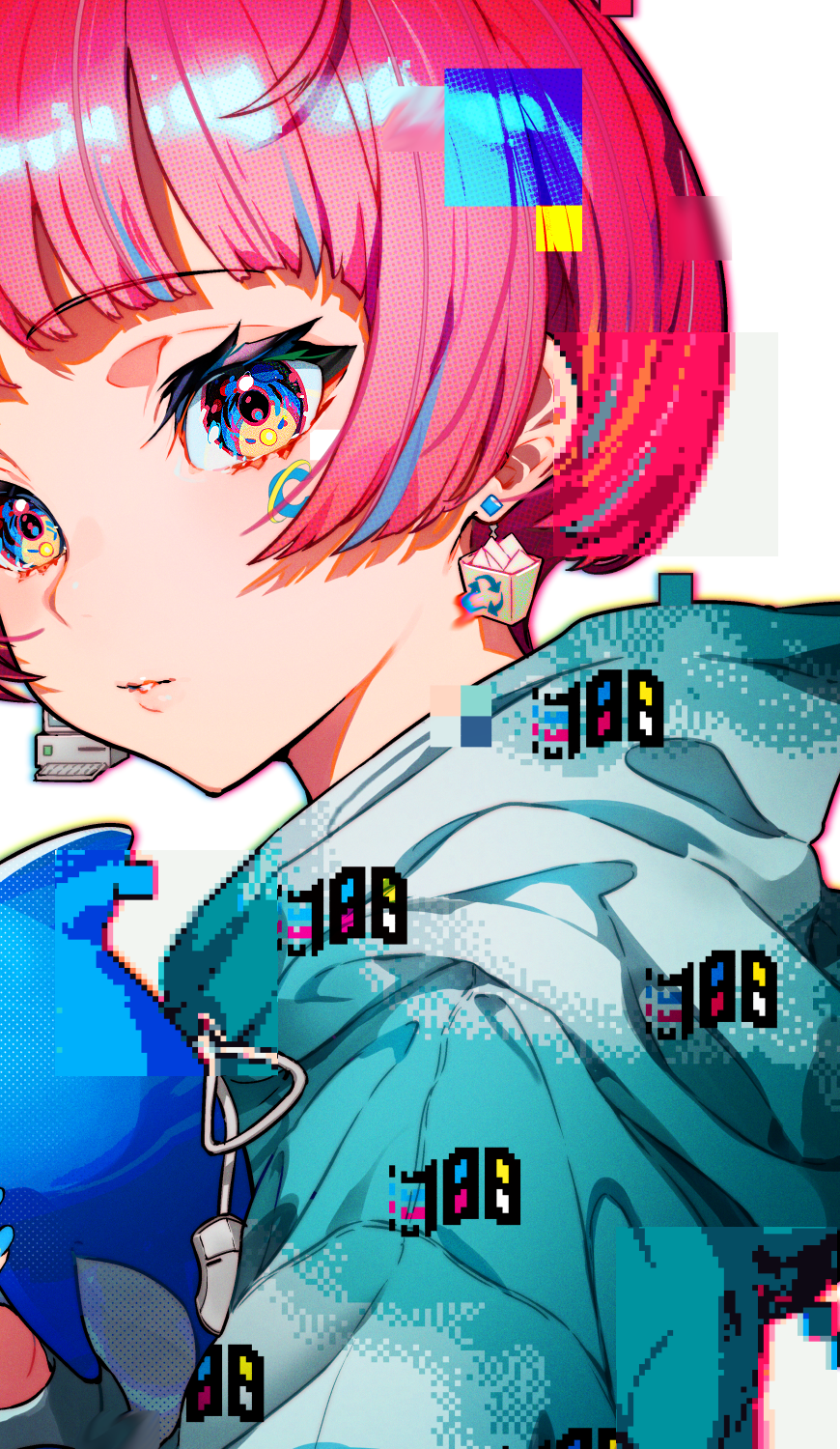 1girl blue_eyes blue_hoodie bob_cut commentary_request computer earrings highres hood hoodie internet_explorer jewelry keyboard_(computer) logo logo_parody mika_pikazo mouse_(computer) multicolored_eyes original pink_hair pixel_art recycle_bin solo white_background windows_95 yellow_eyes