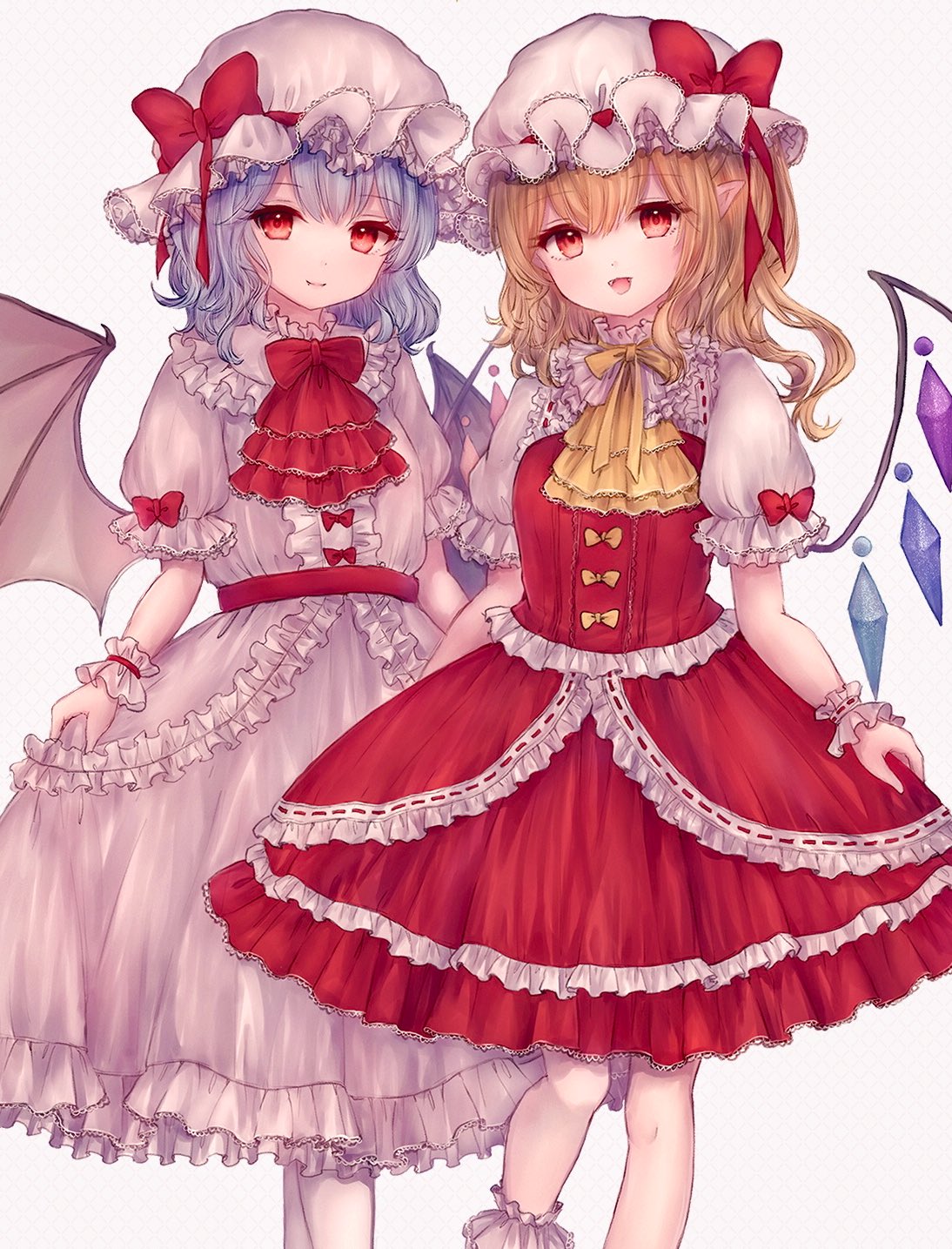 2girls :d ascot bangs bat_wings bebitera blonde_hair blue_hair bow closed_mouth commentary crystal dress fangs feet_out_of_frame flandre_scarlet frilled_dress frilled_skirt frilled_sleeves frills hat hat_bow highres lace-trimmed_ascot lace-trimmed_headwear lace-trimmed_sleeves lace_trim long_hair looking_at_viewer medium_hair mob_cap multiple_girls one_side_up open_mouth pantyhose pointy_ears puffy_short_sleeves puffy_sleeves red_ascot red_bow red_eyes red_skirt red_vest remilia_scarlet short_sleeves siblings simple_background sisters skirt skirt_hold smile touhou vest white_background white_dress white_headwear white_pantyhose wings wrist_cuffs yellow_ascot