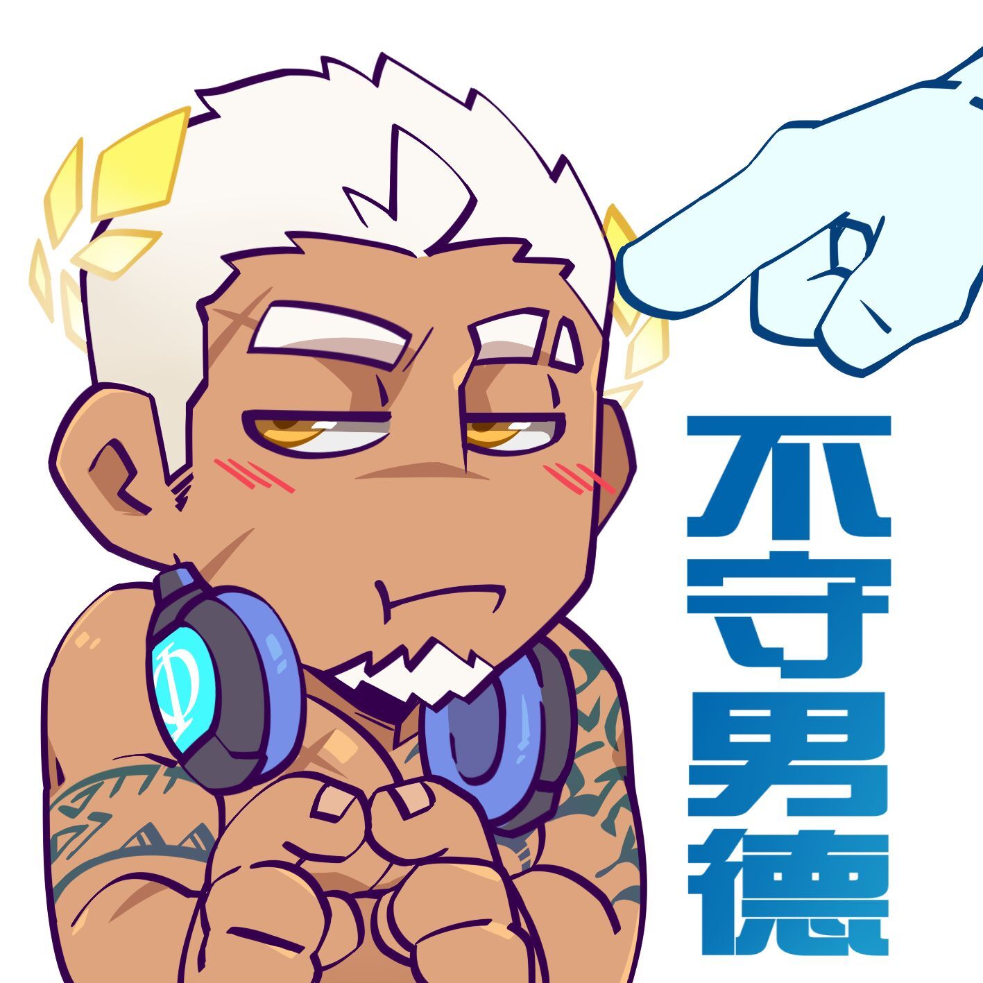 1boy arm_tattoo artist_request bara blush chibi chinese_text cross_scar dark-skinned_male dark_skin eyebrow_cut facial_hair fidgeting goatee highres index_finger_raised indie_virtual_youtuber large_pectorals laurel_crown lei_bailin male_focus mature_male muscular muscular_male nude pectorals scar scar_on_chest scar_on_face scar_on_forehead second-party_source short_hair sideburns solo stop_(gesture) tattoo thick_eyebrows translation_request upper_body virtual_youtuber white_hair