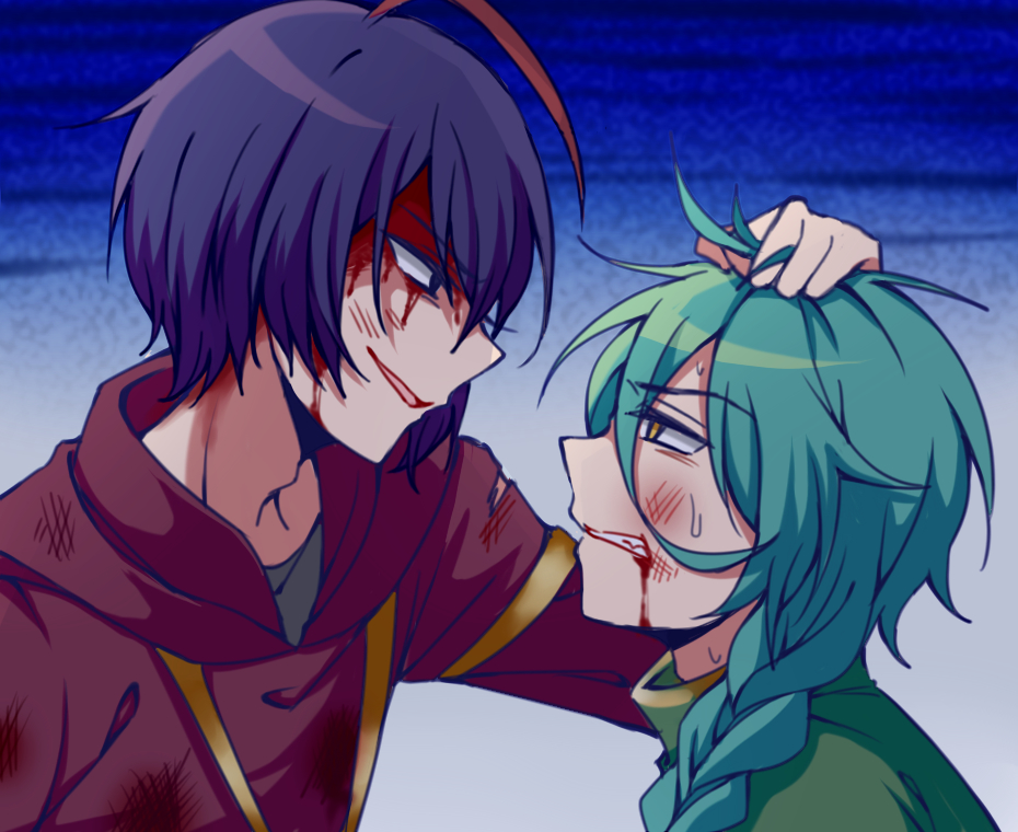 2boys ahoge aqua_hair ashe_bradley biyo black_eyes blood blood_from_mouth blood_on_face braid bruise bruise_on_face clenched_teeth dirty dirty_clothes evil_smile eye_contact from_side grabbing_another's_hair gradient gradient_background green_shirt grey_shirt hair_between_eyes hair_over_shoulder hood hoodie injury long_hair looking_at_another male_focus multicolored_hair multiple_boys parted_lips portrait profile purple_hair red_hair red_hoodie shirt short_hair single_braid smile spoilers streaked_hair sweatdrop teeth torn_clothes upper_body wilardo_adler witch's_heart yellow_eyes