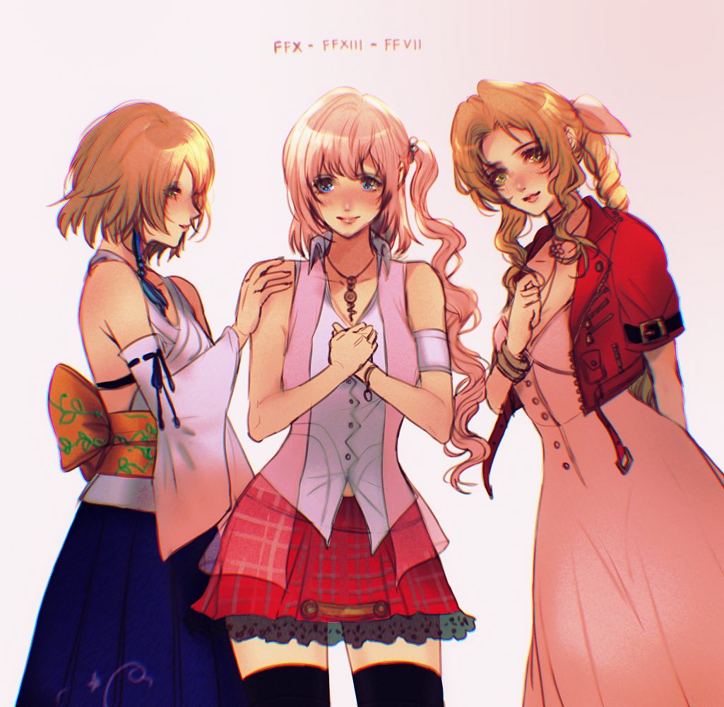 3girls aerith_gainsborough arm_behind_back armband back_bow bangle bangs black_thighhighs blue_eyes blue_skirt bow bracelet braid braided_ponytail breasts brown_hair choker cowboy_shot cropped_jacket detached_sleeves dress final_fantasy final_fantasy_vii final_fantasy_vii_remake final_fantasy_x final_fantasy_xiii flower_choker green_eyes hair_ornament hair_ribbon hand_on_another's_shoulder hand_on_own_chest jacket japanese_clothes jewelry long_dress long_hair long_skirt looking_at_viewer medium_breasts miniskirt multiple_girls necklace nontraditional_miko own_hands_together parted_bangs pink_dress pink_hair pink_ribbon pink_vest red_jacket red_skirt ribbon see-through_vest sera_(serappi) serah_farron shirt short_hair short_hair_with_long_locks short_sleeves side_ponytail sidelocks simple_background skirt smile thighhighs vest wavy_hair white_shirt wide_sleeves yuna_(ff10)