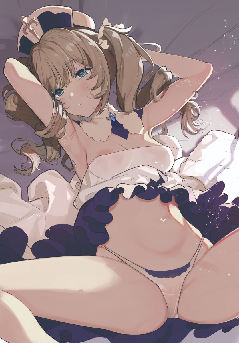 1girl armpits arms_behind_head arms_up bangs barbara_(genshin_impact) bare_shoulders blonde_hair blue_eyes blush breasts cleavage covered_nipples detached_collar dress genshin_impact hareno_chiame highres long_hair looking_at_viewer medium_breasts navel panties thighs twintails underwear white_dress white_headwear white_panties