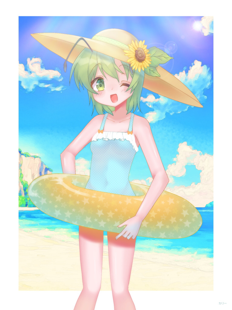 1girl alternate_costume antennae bangs beach blue_sky blue_swimsuit blush breasts brown_headwear cliff cloud commentary_request covered_navel day feet_out_of_frame flower green_eyes green_hair hair_between_eyes hat hat_flower innertube kari_(atsuki_565) lens_flare looking_at_viewer ocean one-piece_swimsuit one_eye_closed open_mouth outdoors sand short_hair sky small_breasts smile solo star_(symbol) sun_hat sunflower swimsuit touhou water wriggle_nightbug