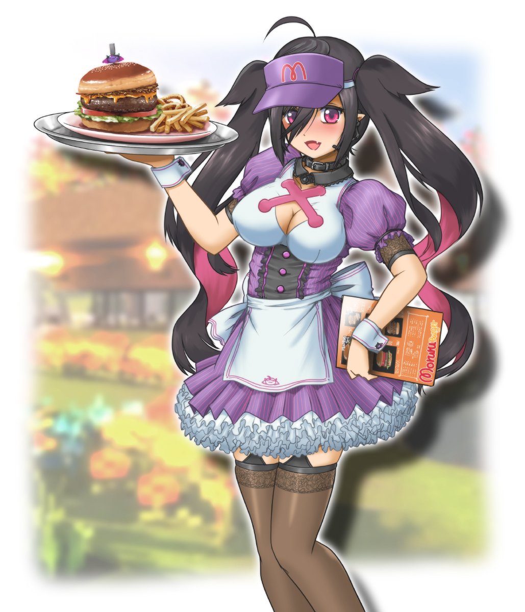 1girl ahoge apron black_collar black_hair breasts burger cleavage cleavage_cutout clothing_cutout collar colored_inner_hair dress fang food french_fries frilled_dress frills garter_straps hair_over_one_eye highres large_breasts long_hair menu multicolored_hair nijisanji open_mouth pink_hair plate pointy_ears puffy_short_sleeves puffy_sleeves purple_dress purple_eyes shio_no.9 short_dress short_sleeves skin_fang smile solo thighhighs tray twintails two-tone_hair virtual_youtuber visor_cap waist_apron waitress wrist_cuffs yamiyono_moruru