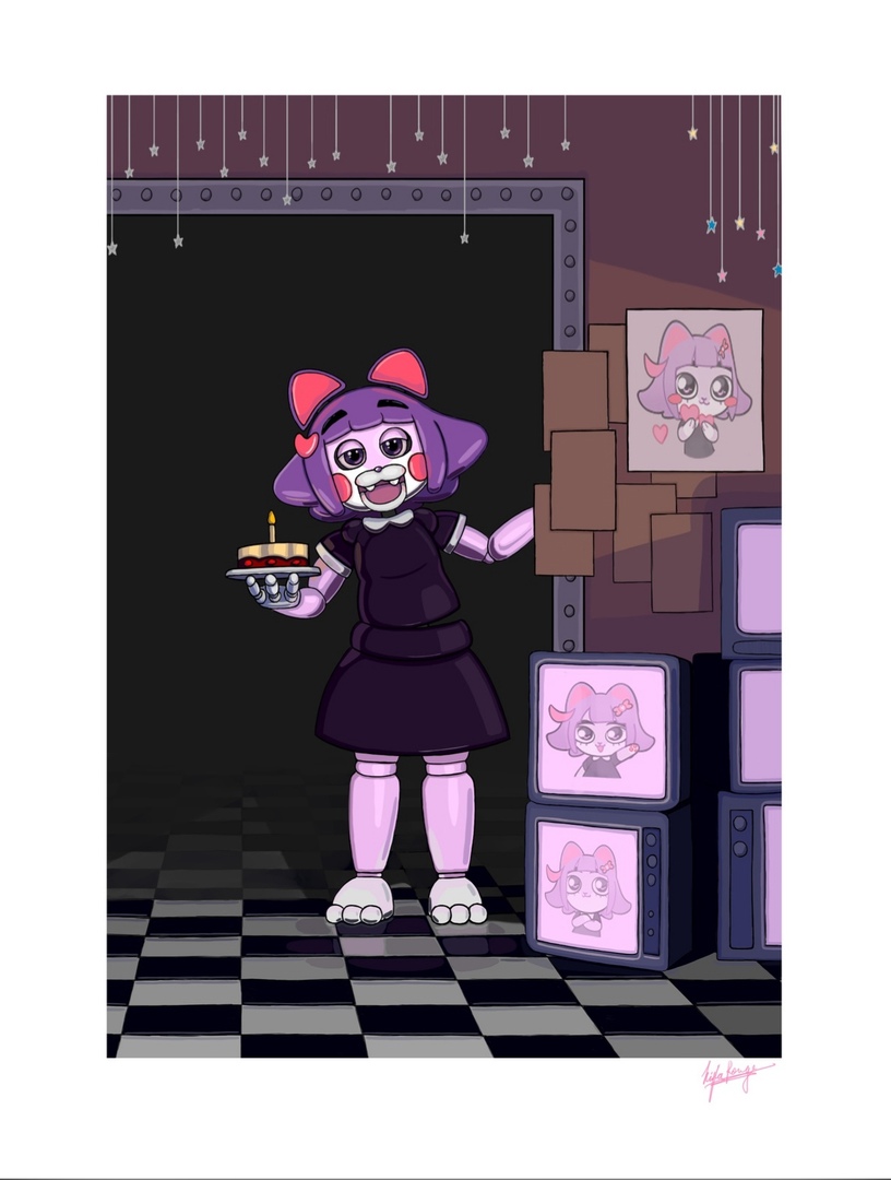 2022 accessory animatronic anthro black_clothing black_dress bow_ribbon cake candle clothed clothing dessert domestic_cat dress emote felid feline felis female fire five_nights_at_freddy's food hair_accessory hair_bow hair_ribbon holding_cake holding_food holding_object holding_plate inside kiralion looking_at_viewer machine mammal masyunya_(vkontakte) open_mouth open_smile paper plate purple_body purple_eyes purple_nose red_cheeks ribbons robot scottgames screen signature simple_background smile solo television video_games vkontakte