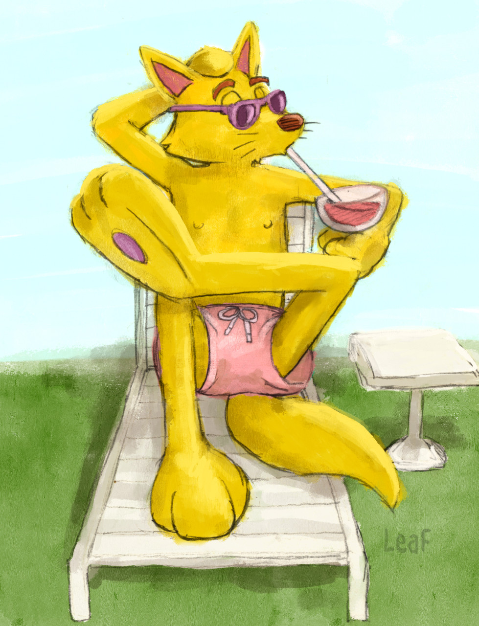 2022 3_toes anthro beach_chair beverage black_nose black_whiskers bottomwear canid canine chest_fur clothing drinking drinking_straw eyebrows eyelids eyewear eyewear_on_head feet foot_on_knee fox fur furniture glass grass green_grass hand_on_head hands_behind_head hi_res kaiketsu_zorori leafdog male mammal mouth_closed nipples paws pink_bottomwear pink_clothing pink_eyewear pink_shorts pink_sunglasses plant raised_arm red_eyebrows shadow shorts simple_background sipping solo straw sunglasses sunglasses_on_head table toes wearing_sunglasses whiskers white_background white_table yellow_body yellow_eyelids yellow_feet yellow_fur yellow_nipples yellow_paws yellow_tail zorori