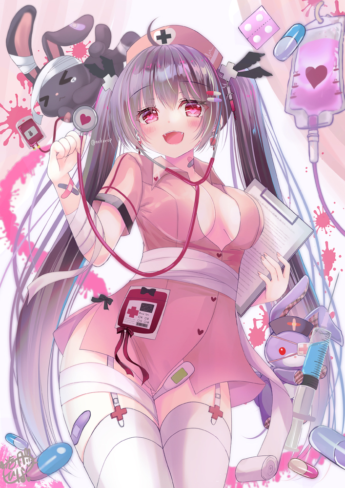 &gt;_&lt; 1girl :d ahoge bandaged_arm bandaged_leg bandages bangs black_hair breasts breasts_apart clipboard commentary_request dress fangs garter_straps hair_between_eyes hat heart holding intravenous_drip long_hair looking_at_viewer medium_breasts nurse nurse_cap original pill pink_dress pink_headwear red_eyes smile solo stethoscope stuffed_animal stuffed_bunny stuffed_toy syringe thermometer thighhighs twintails very_long_hair white_thighhighs yuutsuki_hina