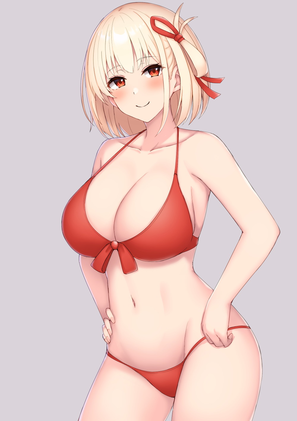 1girl bare_shoulders bikini blonde_hair blush bob_cut breasts cleavage closed_mouth collarbone etan14 front-tie_bikini front-tie_top grey_background hair_ribbon hand_on_hip highres large_breasts looking_at_viewer lycoris_recoil navel nishikigi_chisato one_side_up red_bikini red_eyes red_ribbon ribbon short_hair simple_background smile solo stomach swimsuit