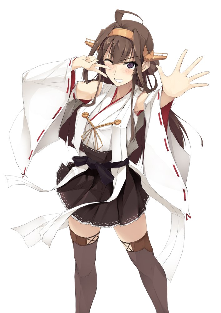 1girl ahoge anniversary arm_up bangs black_skirt blush brown_hair brown_legwear commentary_request cowboy_shot detached_sleeves eyebrows_visible_through_hair grin hair_between_eyes hairband hakama_skirt kantai_collection kongou_(kantai_collection) long_hair looking_at_viewer nontraditional_miko parted_lips pleated_skirt purple_eyes remodel_(kantai_collection) ribbon-trimmed_sleeves ribbon_trim skirt smile solo thighhighs tsurime twitter_username v wide_sleeves zekkyon zettai_ryouiki