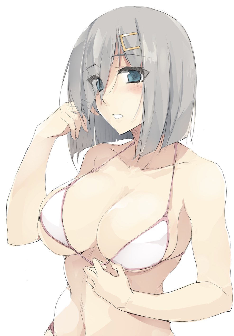 1girl alternate_costume bare_shoulders blue_eyes blush breasts cleavage collarbone eyebrows_visible_through_hair eyes_visible_through_hair hair_ornament hair_over_one_eye hairclip hamakaze_(kantai_collection) highres kantai_collection large_breasts navel short_hair silver_hair simple_background solo upper_body white_background white_bikini_top zekkyon