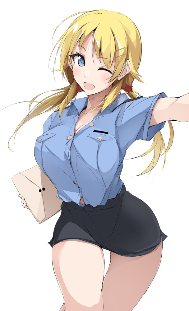 1girl ;d ahoge black_skirt blonde_hair blue_eyes blue_shirt breasts cleavage eyebrows_visible_through_hair hachimiya_meguru hair_ornament hairclip holding_envelope idolmaster idolmaster_shiny_colors large_breasts long_hair looking_at_viewer low_twintails one_eye_closed open_mouth polo_shirt school_uniform shirt short_sleeves simple_background skirt smile solo star star_hair_ornament thighs twintails white_background zekkyon