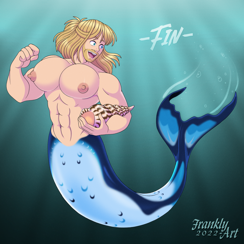 abs animal_humanoid beard blonde_hair blue_eyes conch facial_hair frankly-art growth hair humanoid magic male marine marine_humanoid merfolk merman_transformation moobs muscle_growth muscular muscular_male navel nipples pec_growth pecs seashell shell smile solo split_form transformation transformation_sequence waist