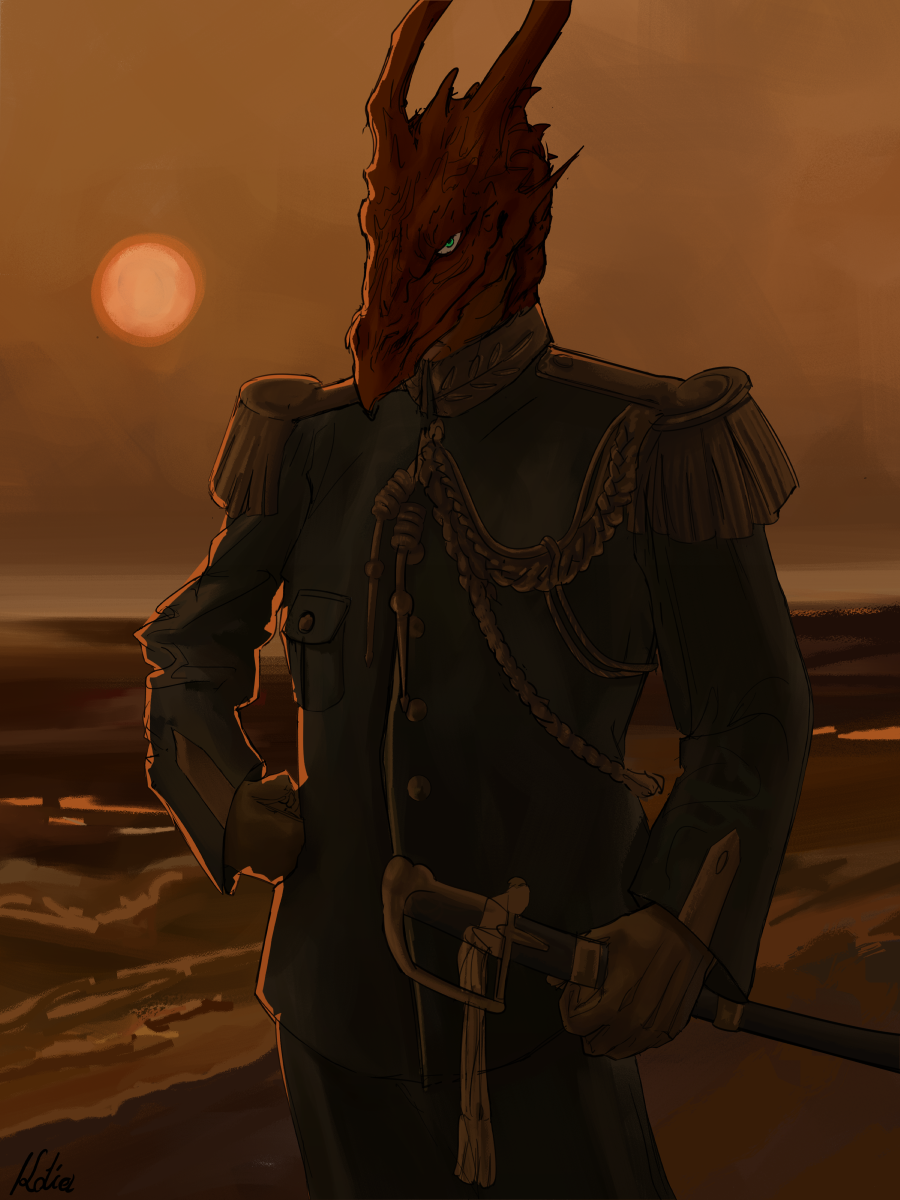 aiguillette anthro clothed clothing dragon epaulette fully_clothed hi_res historical kotia looking_at_viewer male melee_weapon military military_uniform navy painting royalty sea sky solo standing sword uniform water weapon
