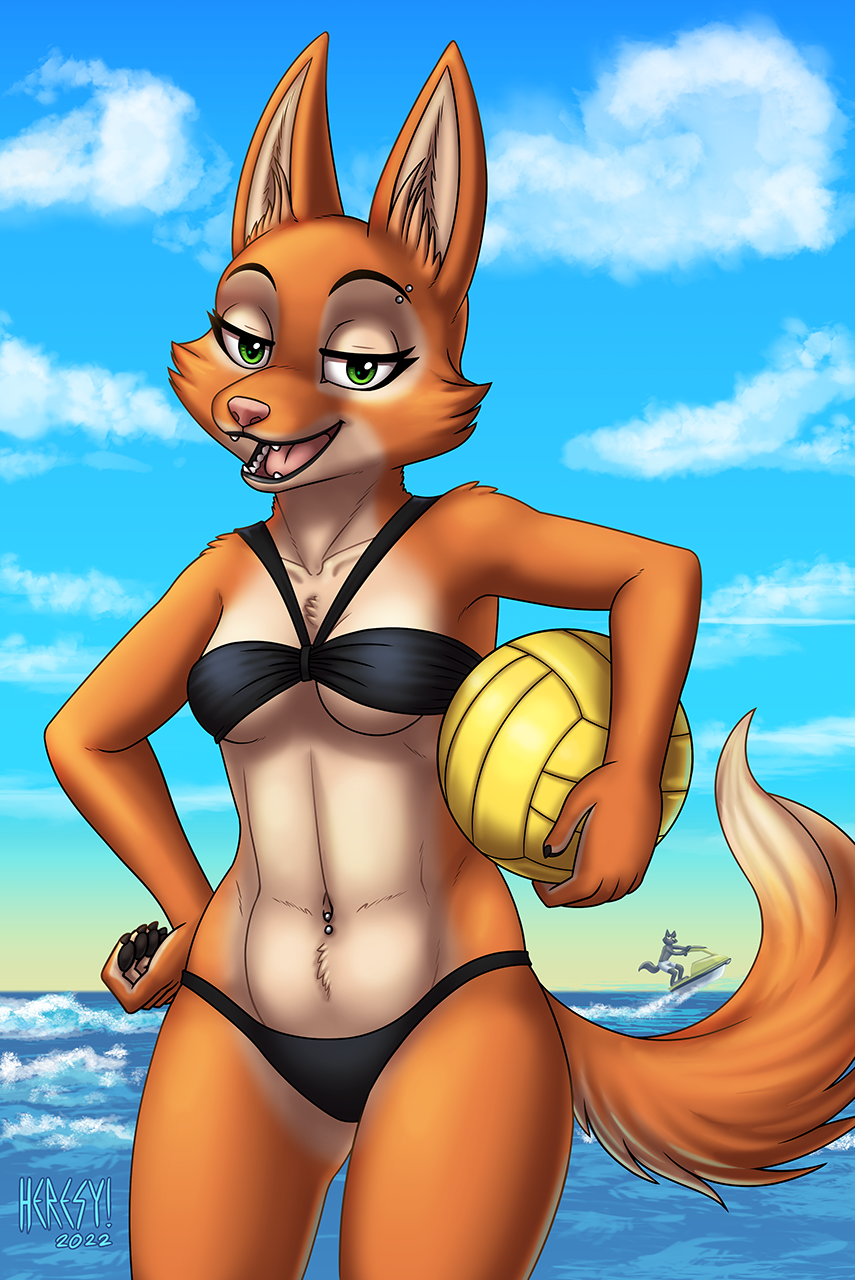 2022 5_fingers anthro ball bikini bikini_bottom bikini_top black_bikini black_clothing black_swimwear breasts canid canine canis claws cleavage clothed clothing diane_foxington dreamworks duo eyebrow_piercing eyebrows facial_piercing fangs female finger_claws fingers fox fur heresy_(artist) hi_res humanoid_hands jetski male mammal mr._wolf_(the_bad_guys) navel navel_piercing open_mouth open_smile orange_body orange_fur piercing pink_nose signature small_breasts smile solo_focus swimwear teeth the_bad_guys tongue under_boob volleyball_(ball) water wolf