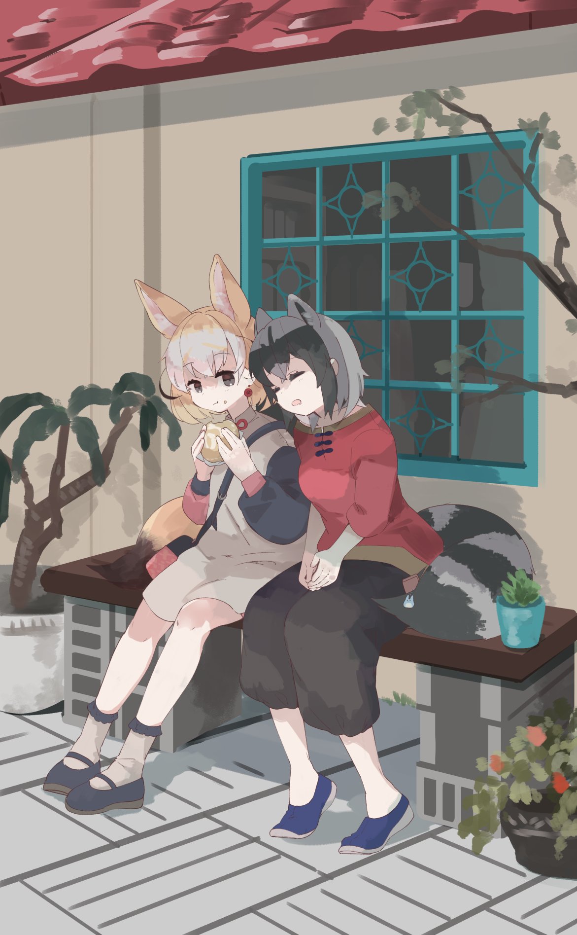 2girls alternate_costume animal_ears black_footwear black_pants blonde_hair blue_footwear brown_eyes chinese_clothes closed_eyes common_raccoon_(kemono_friends) dress eating fennec_(kemono_friends) flats food fox_ears fox_girl fox_tail frilled_socks frills grey_hair highres japari_bun japari_symbol kemono_friends long_sleeves mary_janes multicolored_hair multiple_girls nanana_(nanana_iz) pants puffy_pants raccoon_ears raccoon_girl raccoon_tail red_shirt shirt shoes short_hair short_sleeves sleeping sleeping_on_person socks tail white_dress white_hair white_socks