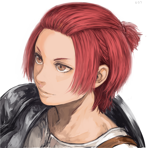 1girl armor bangs_pinned_back brown_eyes closed_mouth original portrait red_hair shirt short_hair shu-mai simple_background smile solo white_background white_shirt