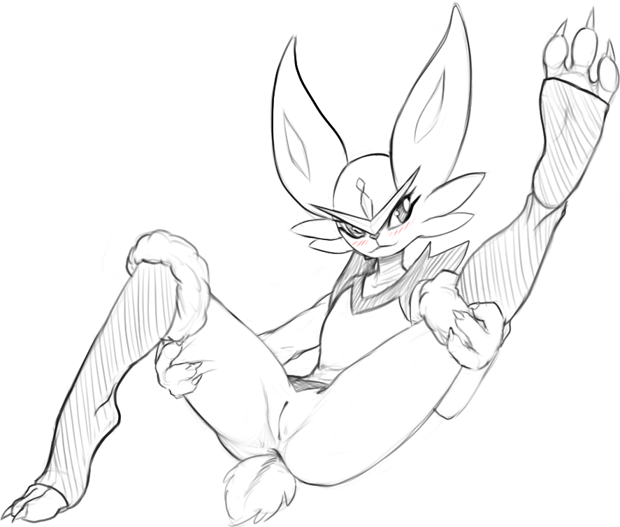 2019 anthro black_and_white cinderace claws female flat_chested front_view full-length_portrait genitals holding_legs lagomorph mammal monochrome nintendo nude one_leg_up pok&eacute;mon pok&eacute;mon_(species) portrait presenting presenting_pussy pussy raised_leg sketch solo spot_color spread_legs spreading video_games w4g4